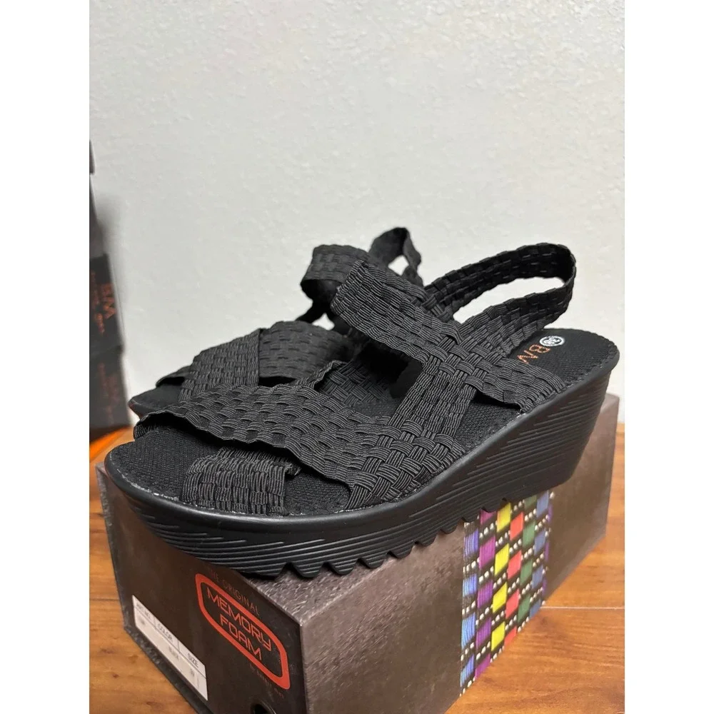 Bernie Mev Fame Black Woven Elastic Platform Wedge Sandals Womens Size 39 US 8